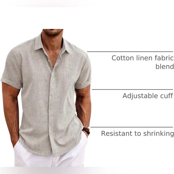 Men's Short Sleeve Casual Button-Down Shirt - Light Beige - Picture 2 of 2